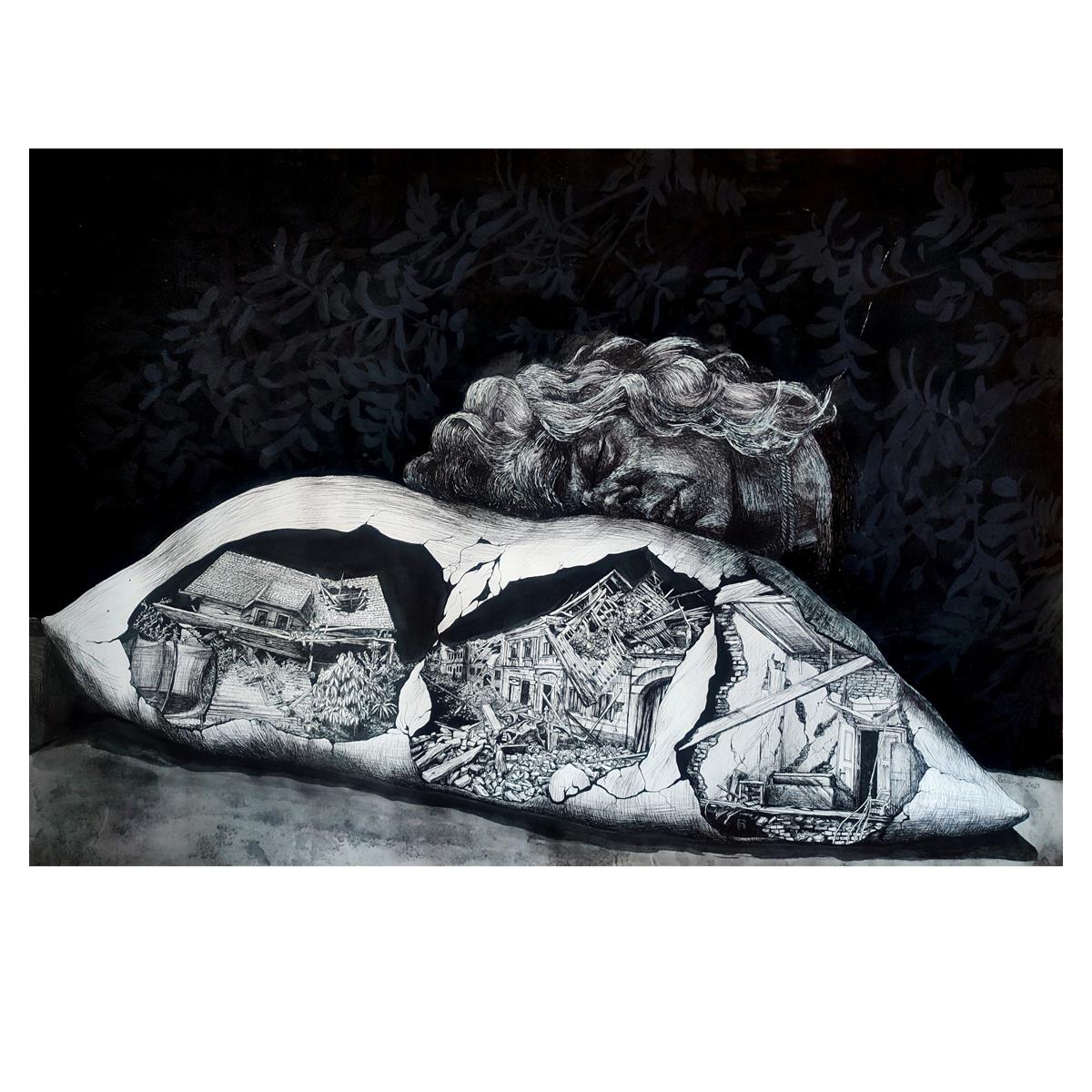 Potresena, flomaster, tuš, akril, 70x50cm, 2023.