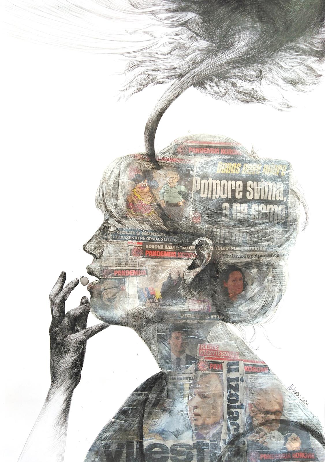 Gdje su potpore za umjetnike?, 50x70cm, novinski kolaž, flomaster, tuš, 2020.