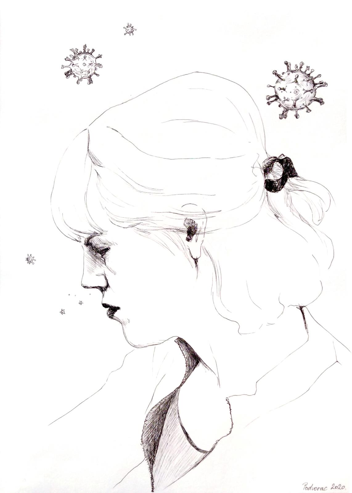 Irena in the age of the corona, 25x35cm, flomaster, 2020.