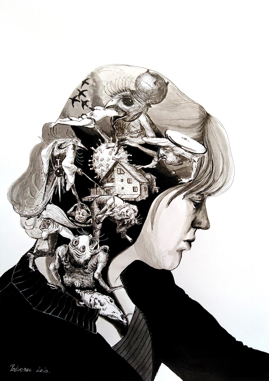 Sinking deep, 25 x 35 cm, flomaster, tuš, 2020.