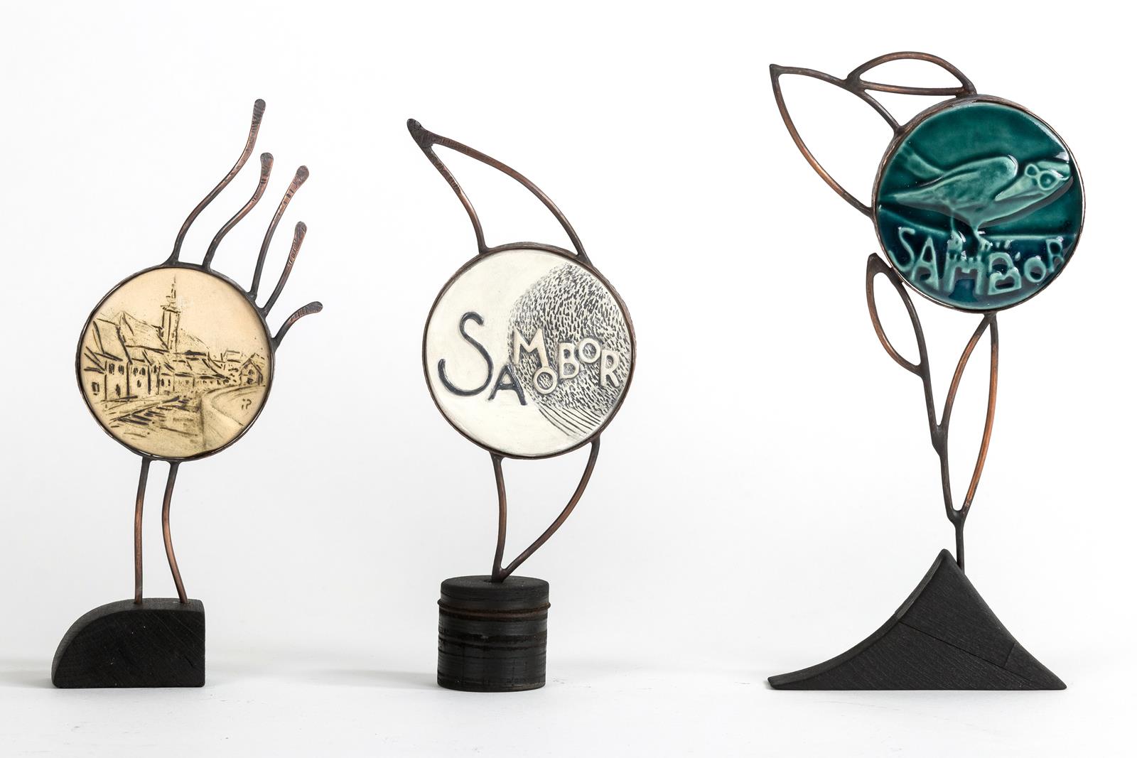 Kleščićeva ulica-9,5x2,5x22cm, Samobor- 8x4x20,7cm, Bedaki noriju 22x2,5x23cm, keramika, bakar, drvo, 2018.